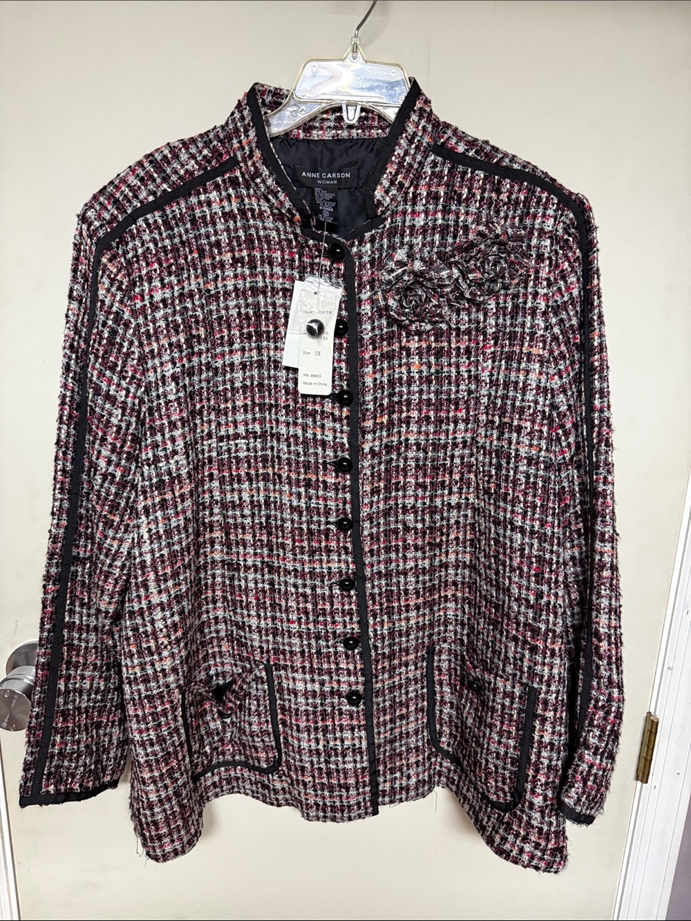 Anne Carson Pink Multi Tweed Collarless Button Jacket